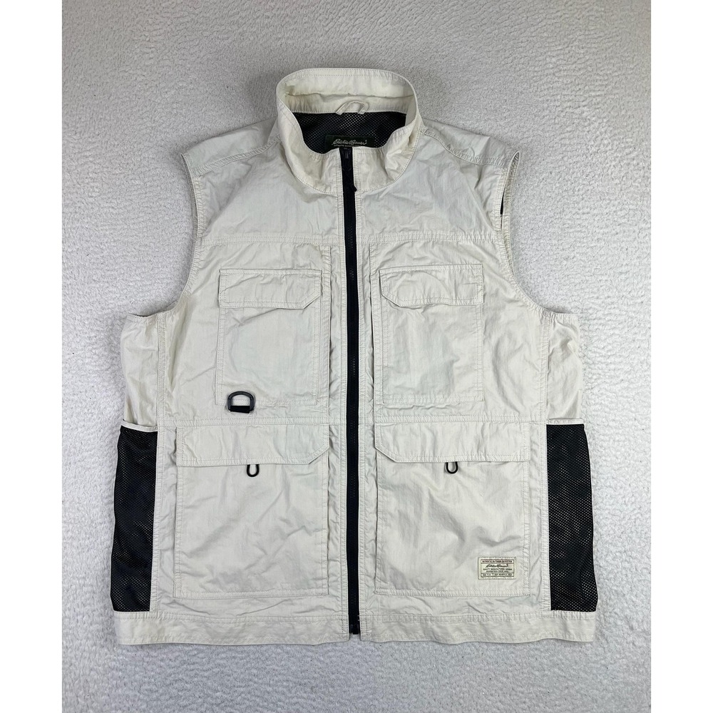 Eddie Bauer Mens XL Beige Canvas Utility Mesh Full Zip Fishing Travel‎ Gear Vest